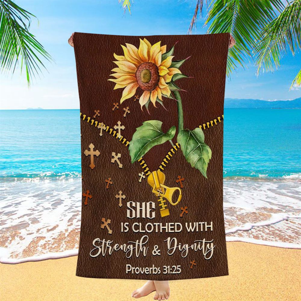 She Is Clothed With Strength And Dignity Sunflower Beach Towel, Christian Beach Towel, Beach Towel She Is Clothed With Strength And Dignity Sunflower Beach Towel, Christian Beach Towel, Beach Towel