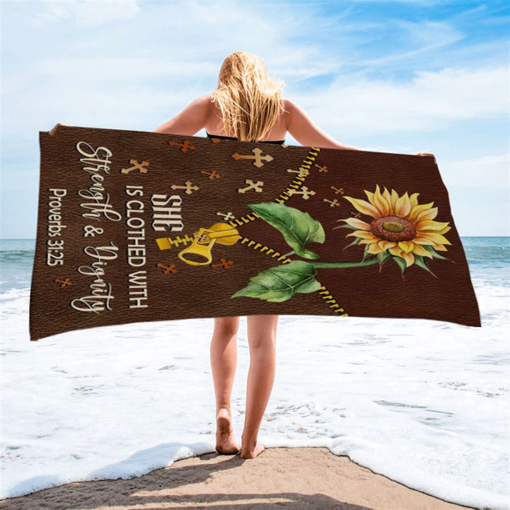 She Is Clothed With Strength And Dignity Sunflower Beach Towel, Christian Beach Towel, Beach Towel She Is Clothed With Strength And Dignity Sunflower Beach Towel, Christian Beach Towel, Beach Towel