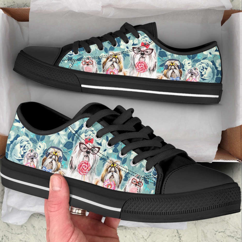 Shih Tzu Dog Flowers Pattern Low Top Shoes Canvas Sneakers Casual Shoes, Designer Low Top Shoes, Low Top Sneakers Shih Tzu Dog Flowers Pattern Low Top Shoes Canvas Sneakers Casual Shoes, Designer Low Top Shoes, Low Top Sneakers