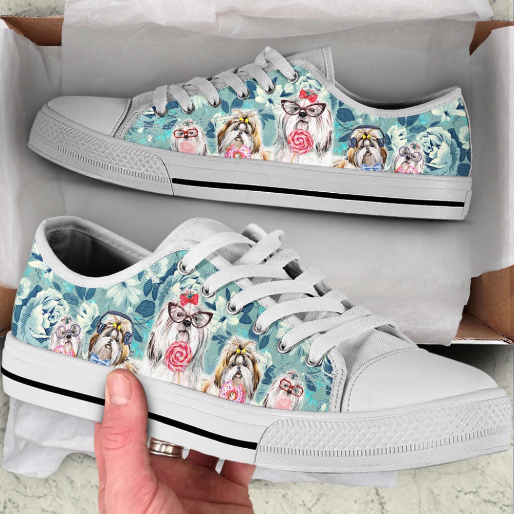 Shih Tzu Dog Flowers Pattern Low Top Shoes Canvas Sneakers Casual Shoes, Designer Low Top Shoes, Low Top Sneakers Shih Tzu Dog Flowers Pattern Low Top Shoes Canvas Sneakers Casual Shoes, Designer Low Top Shoes, Low Top Sneakers