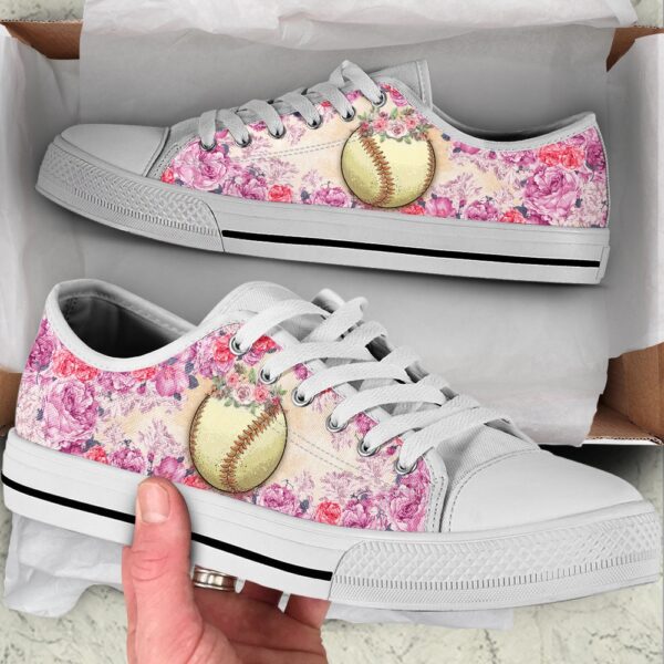 Softball And Rose Flower Low Top Shoes, Low Top Sneakers, Sneakers Low Top
