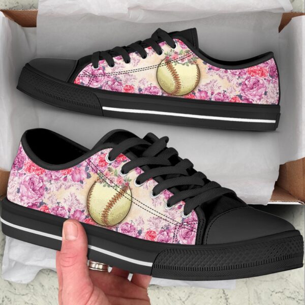 Softball And Rose Flower Low Top Shoes, Low Top Sneakers, Sneakers Low Top