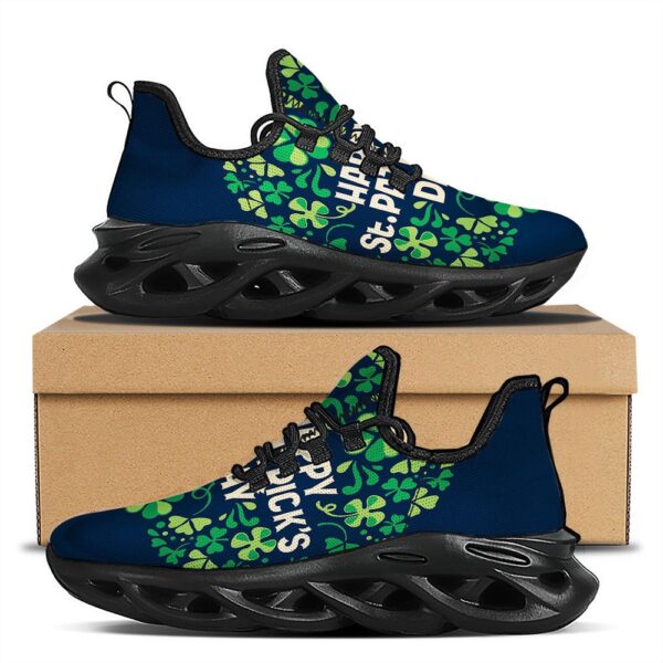 St. Patrick’s Day Green Clover Print Black Running Shoes, Max Soul Sneakers, Max Soul Shoes
