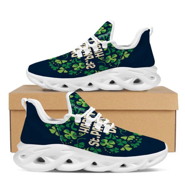St. Patrick’s Day Green Clover Print White Running Shoes, Max Soul Sneakers, Max Soul Shoes