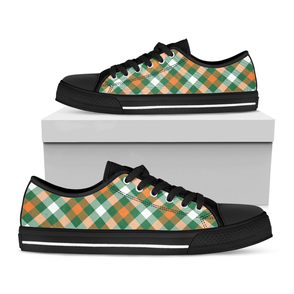 St. Patrick’s Day Plaid Pattern Print Black Low Top Shoes, Low Top Designer Shoes, Low Top Sneakers