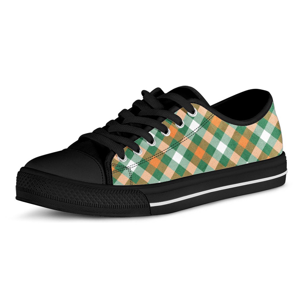 St. Patrick’s Day Plaid Pattern Print Black Low Top Shoes, Low Top Designer Shoes, Low Top Sneakers