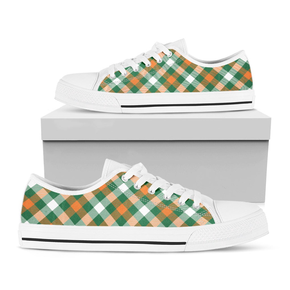 St. Patrick’s Day Plaid Pattern Print White Low Top Shoes, Low Top Designer Shoes, Low Top Sneakers