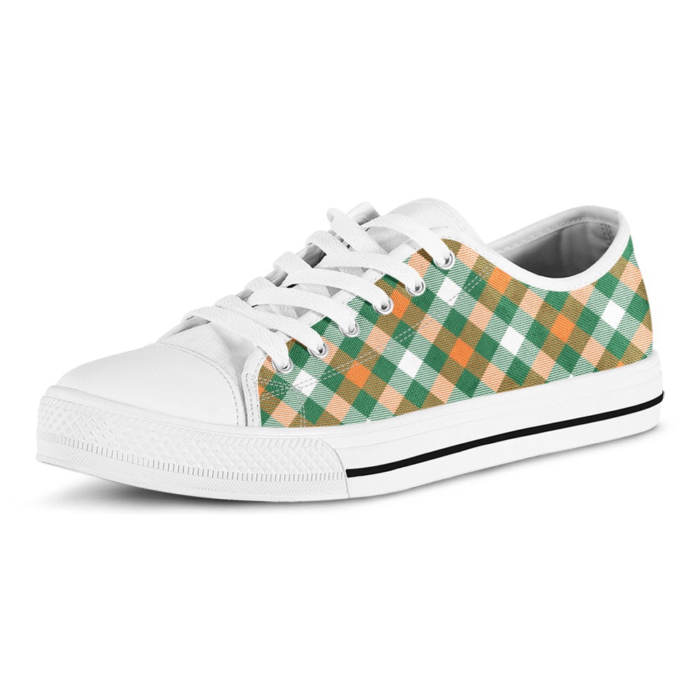 St. Patrick’s Day Plaid Pattern Print White Low Top Shoes, Low Top Designer Shoes, Low Top Sneakers