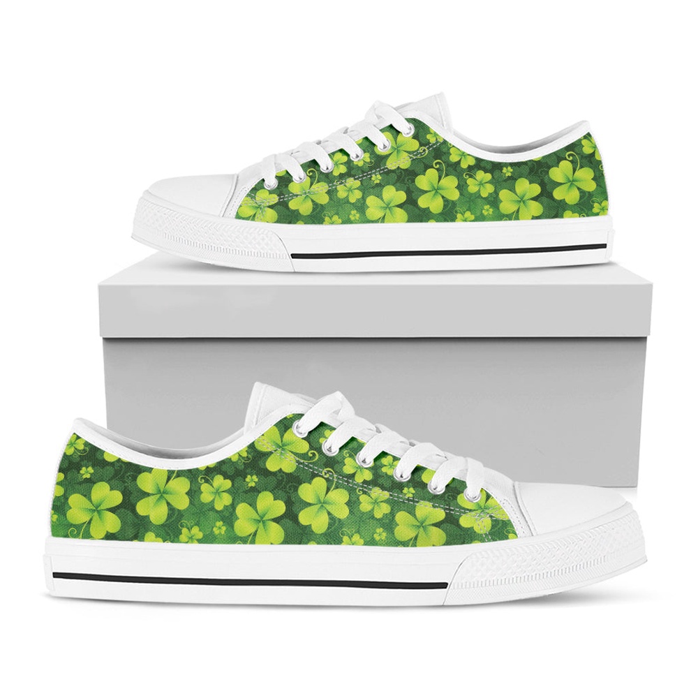 St. Patrick’s Day Shamrock Pattern Print White Low Top Shoes, Low Top Designer Shoes, Low Top Sneakers