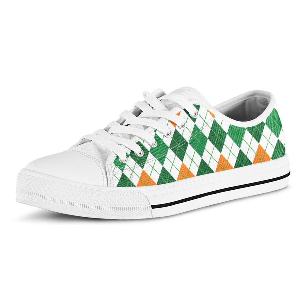 St Patrick’s Day Argyle Pattern Print White Low Top Shoes, Low Top Designer Shoes, Low Top Sneakers