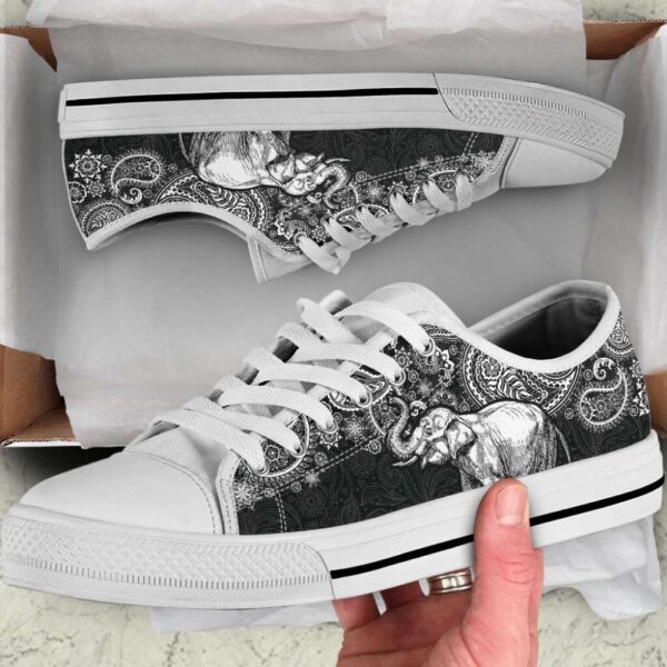 Stylish Elephant Paisley Canvas Print Low Top Shoes Black &amp White, Low Tops, Low Top Sneakers
