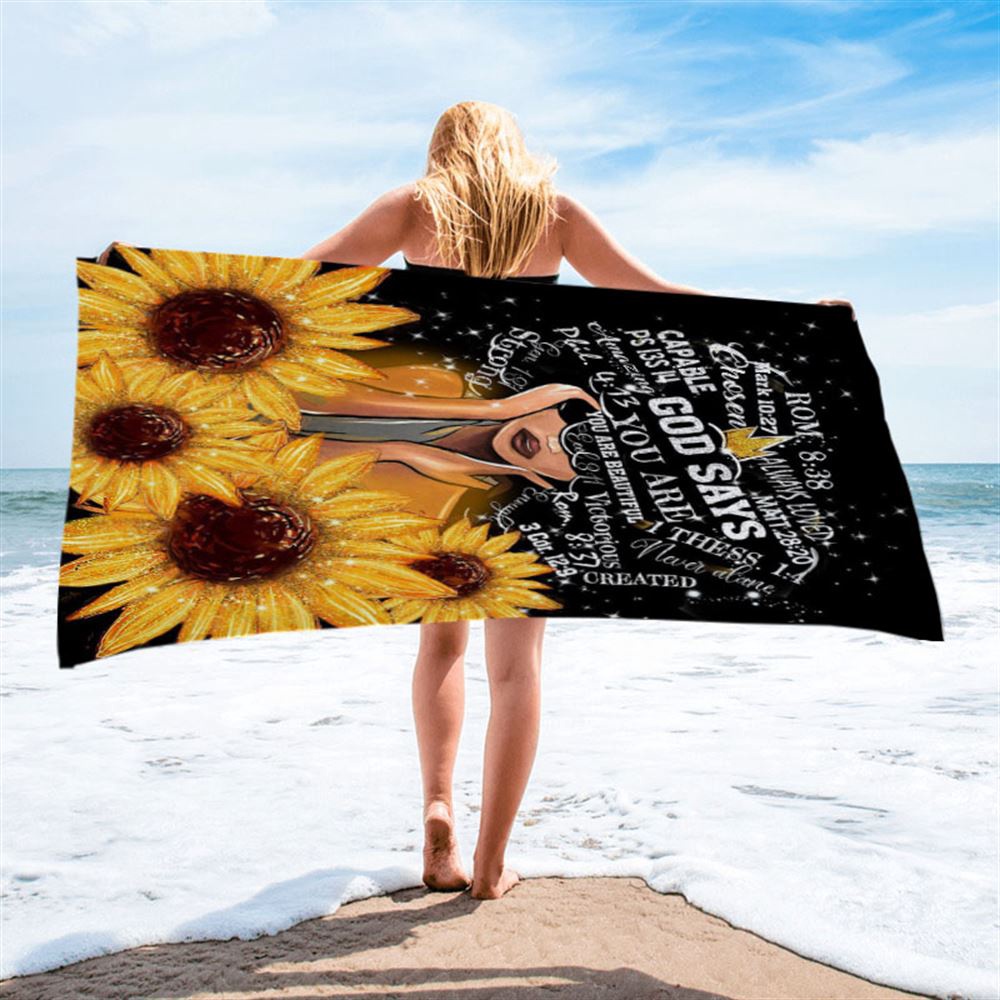 Sunflower Black Girl Beach Towel, God Says You Are Sunflower Beach Towel, Christian Beach Towel, Beach Towel