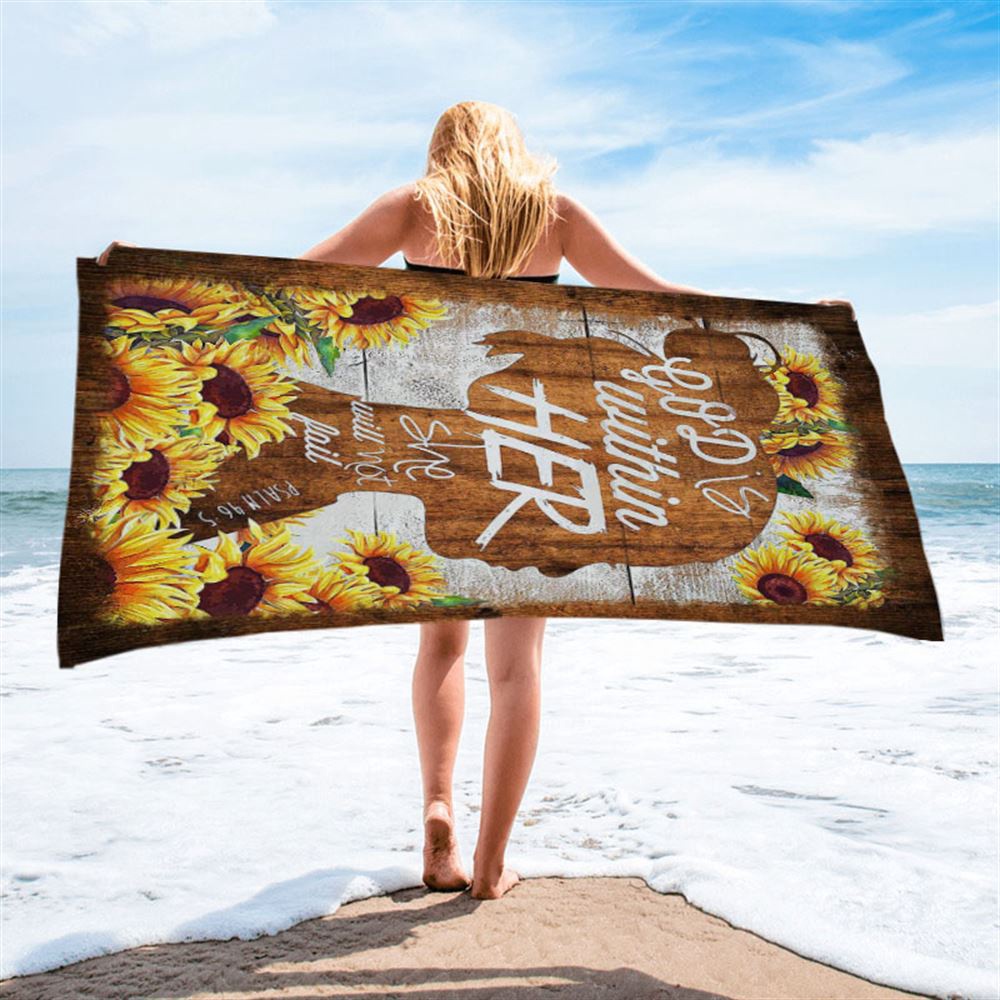 Sunflower Shadow Girl God Is Within Her She Will Not Fail Beach Towel, Christian Beach Towel, Beach Towel Sunflower Shadow Girl God Is Within Her She Will Not Fail Beach Towel, Christian Beach Towel, Beach Towel
