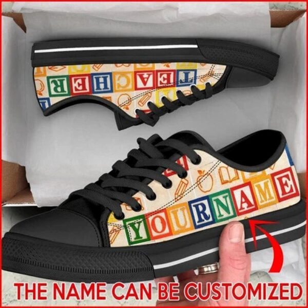 Teacher Alphabet Wooden Personalized Canvas Low Top Shoes, Low Top Designer Shoes, Low Top Sneakers