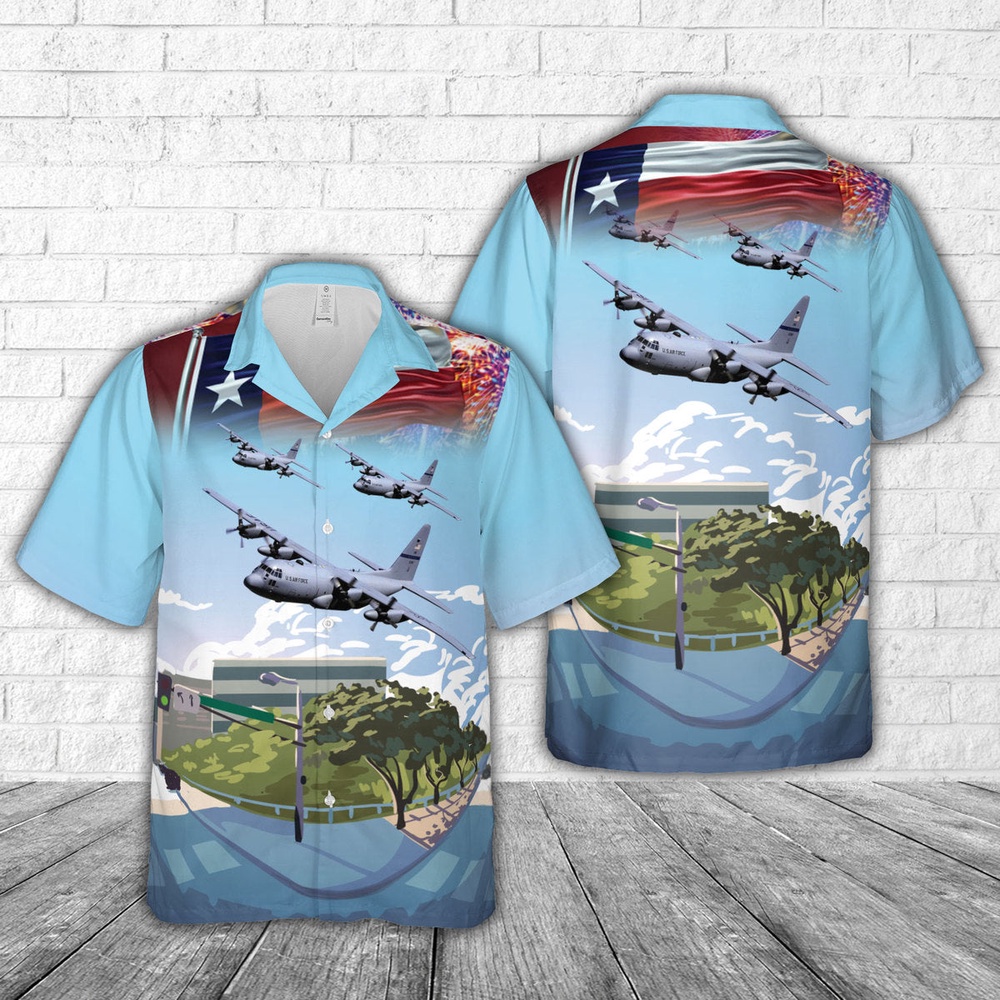 Texas Air National Guard Lockheed C-130H-LM Hercules (s n 85-1368) from the 181st Airlift Squadron, 136th Airlift Wing Hawaiian Shirt Texas Air National Guard Lockheed C-130H-LM Hercules (s n 85-1368) from the 181st Airlift Squadron, 136th Airlift Wing Hawaiian Shirt