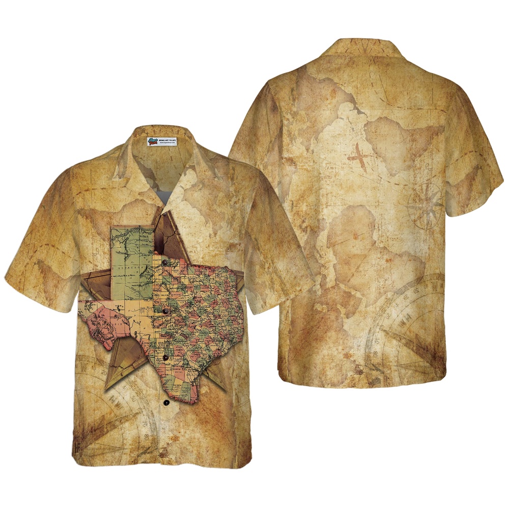 Texas State Map And Compass Pattern Hawaiian Shirt, Texas Hawaii Shirt, Texas Shirt