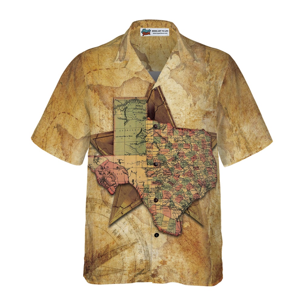 Texas State Map And Compass Pattern Hawaiian Shirt, Texas Hawaii Shirt, Texas Shirt