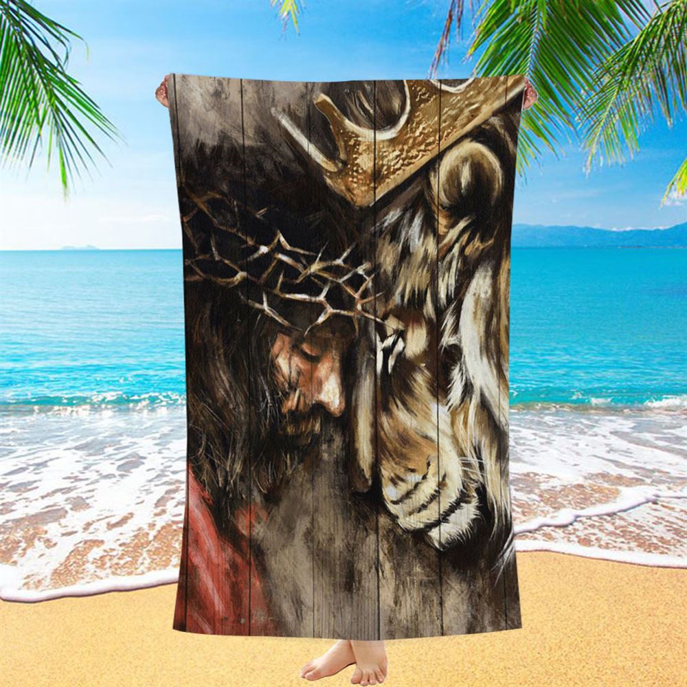 The Combination Of Jesus And Lion Beach Towel, Christian Beach Towel, Beach Towel The Combination Of Jesus And Lion Beach Towel, Christian Beach Towel, Beach Towel