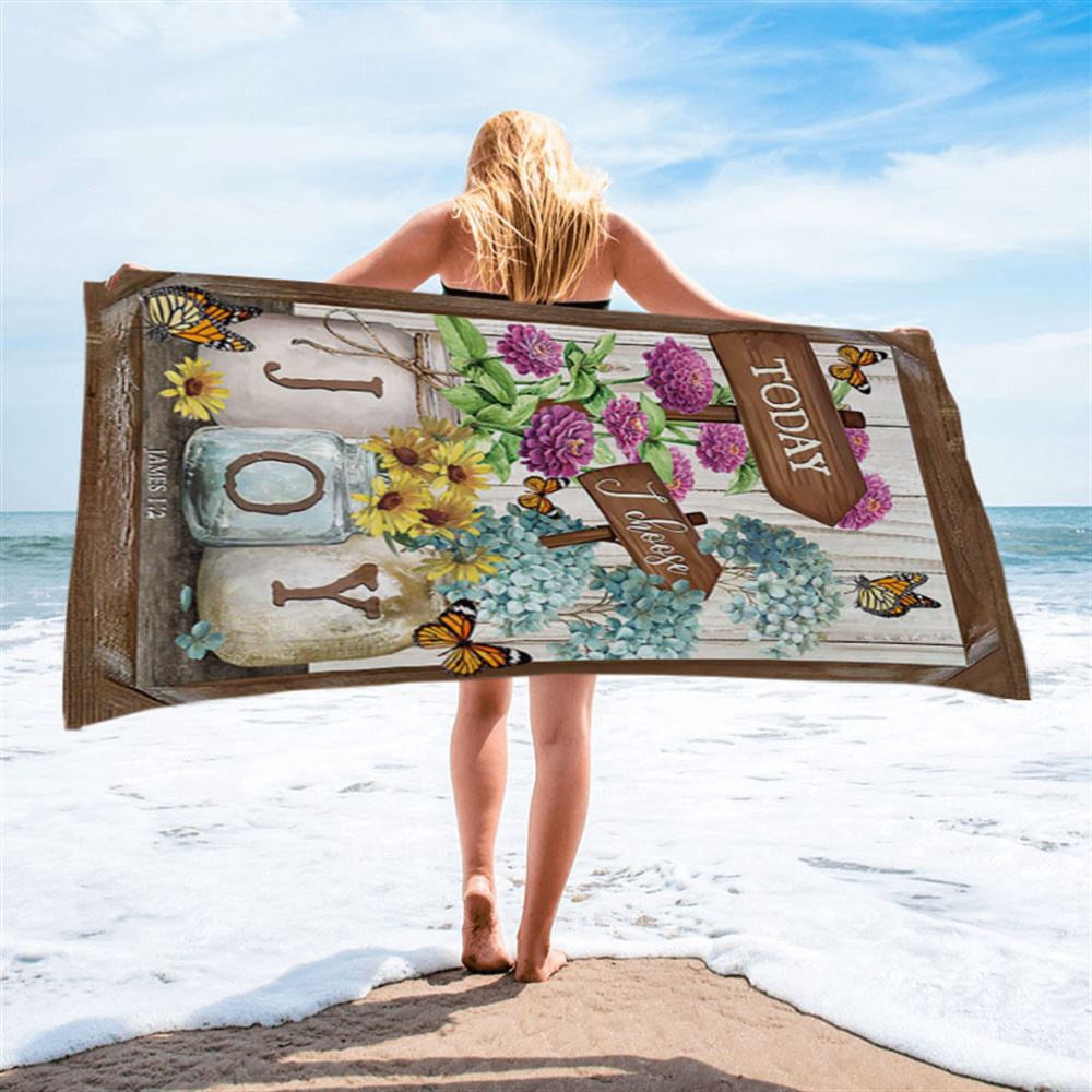 Today I Choose Joy Blue Hydrangea Butterfly Beach Towel, Christian Beach Towel, Beach Towel