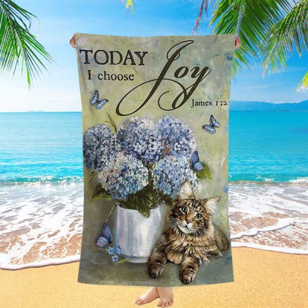 Today I Choose Joy Blue Hydrangea Pretty Cat Butterfly Beach Towel, Christian Beach Towel, Beach Towel