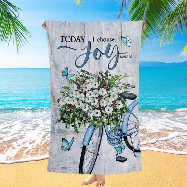 Today I Choose Joy Daisy Flower Blue Bicycle Butterfly Beach Towel, Christian Beach Towel, Beach Towel