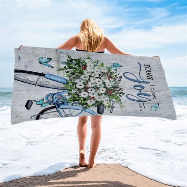 Today I Choose Joy Daisy Flower Blue Bicycle Butterfly Beach Towel, Christian Beach Towel, Beach Towel