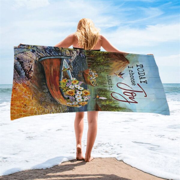 Today I Choose Joy Fishing Boat Flower Hummingbird Beach Towel, Christian Beach Towel, Beach Towel