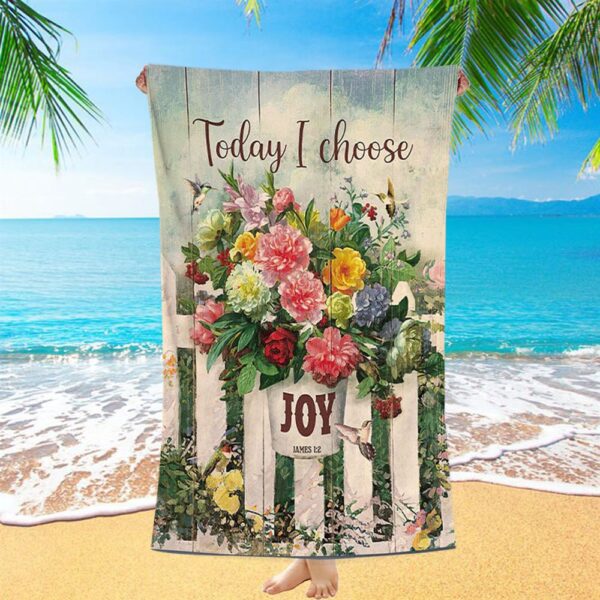 Today I Choose Joy Flower Pot Hummingbird Beach Towel, Christian Beach Towel, Beach Towel