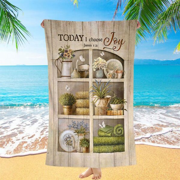 Today I Choose Joy Flower Vase White Butterfly Beach Towel, Christian Beach Towel, Beach Towel