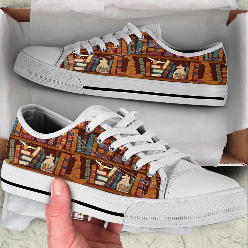 Trendy Canvas Print Lowtop Shoes Bookshelf Hat Low Top, Low Top Designer Shoes, Low Top Sneakers