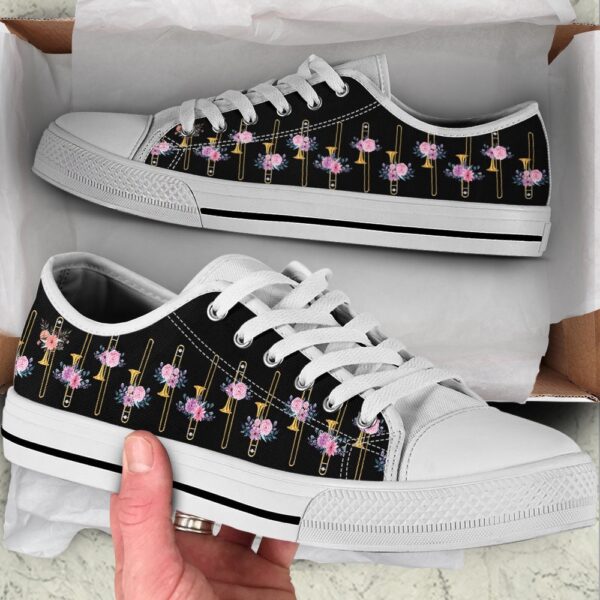 Trombone Pink Flower Low Top Music Shoes, Low Top Designer Shoes, Low Top Sneakers