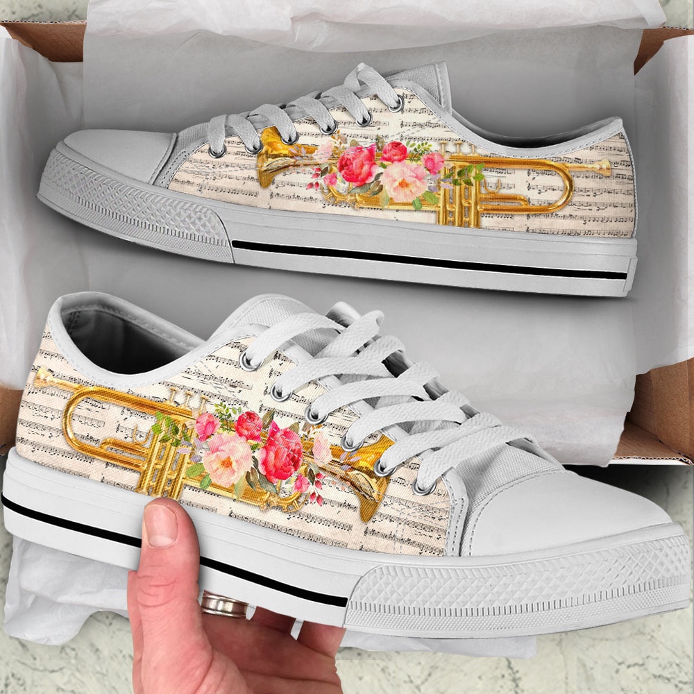 Trumpet Music Flower Low Top Music Shoes, Low Top Designer Shoes, Low Top Sneakers