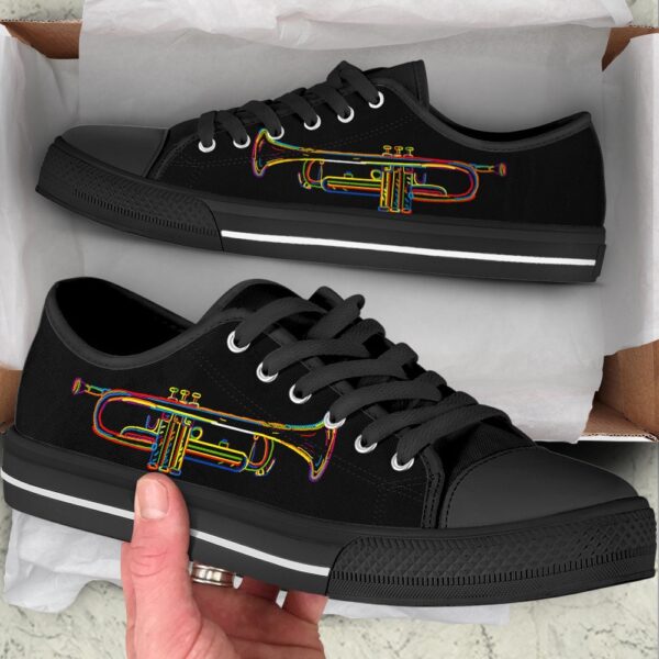 Trumpet Sketch Over Black Low Top Music Shoes, Low Top Designer Shoes, Low Top Sneakers