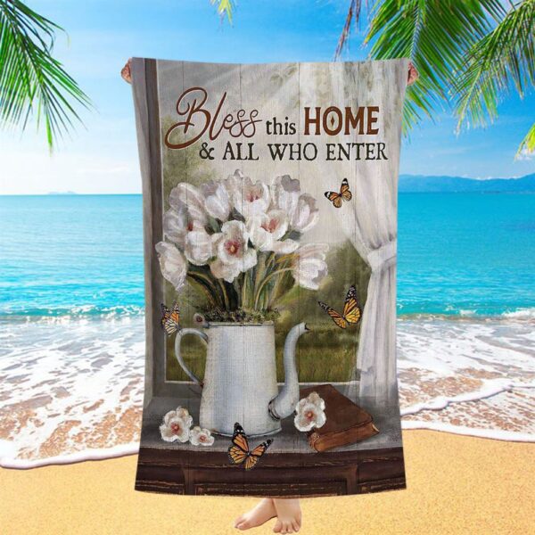 Tulip Butterfly Bless This Home Beach Towel, Christian Beach Towel, Beach Towel