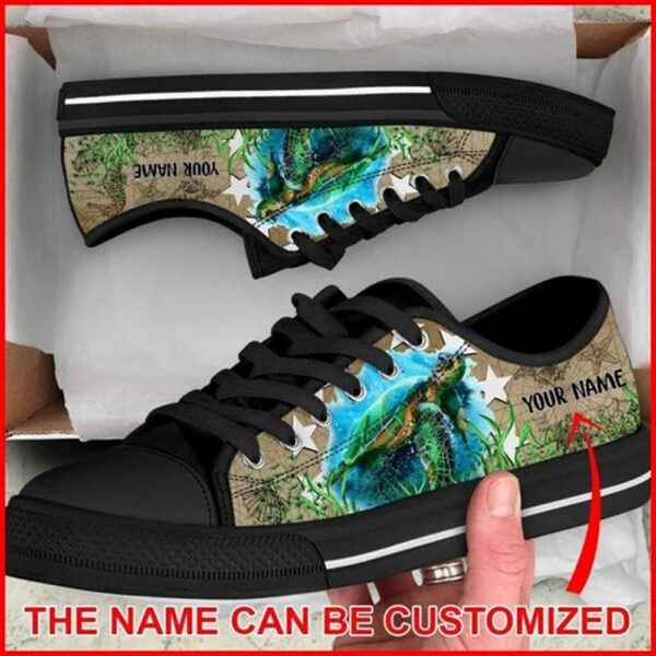 Turtle Vintage Map Sea Personalized Canvas Low Top Shoes, Low Top Designer Shoes, Low Top Sneakers