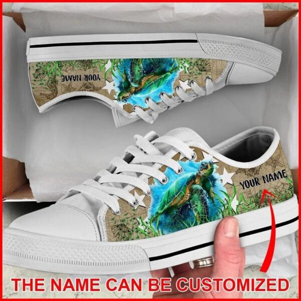 Turtle Vintage Map Sea Personalized Canvas Low Top Shoes, Low Top Designer Shoes, Low Top Sneakers
