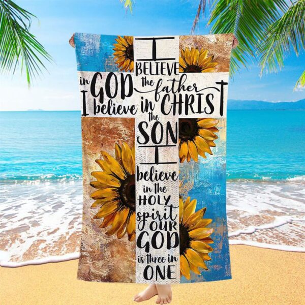 Unique Sunflower White Cross Our God Is Three In One Beach Towel, Christian Beach Towel, Beach Towel