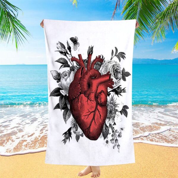 Vintage Floral Heart Beach Towel, Gift For Steampunk Or Goth Fans, Christian Beach Towel, Beach Towel