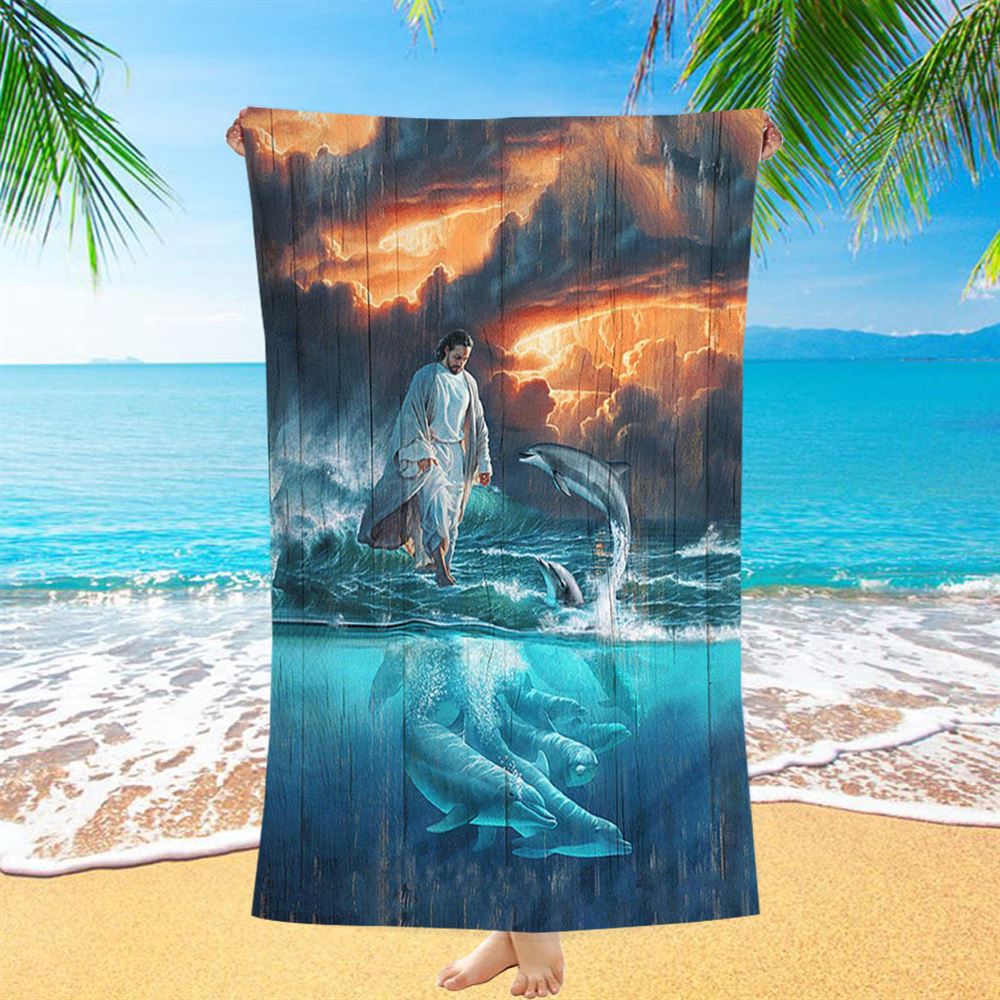 Walking On The Sea Beautiful Dolphin Beach Towel, Christian Beach Towel, Beach Towel Walking On The Sea Beautiful Dolphin Beach Towel, Christian Beach Towel, Beach Towel