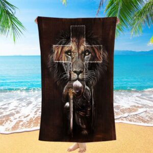 Warrior Black Lion Cross Beach Towel, Christian…