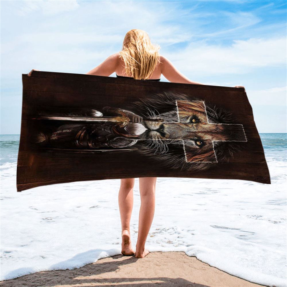 Warrior Black Lion Cross Beach Towel, Christian Beach Towel, Beach Towel Warrior Black Lion Cross Beach Towel, Christian Beach Towel, Beach Towel