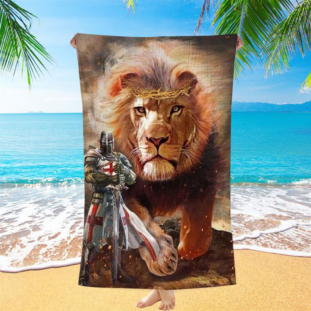 Warrior Of Christ And Lion Beach Towel, Christian Beach Towel, Beach Towel Warrior Of Christ And Lion Beach Towel, Christian Beach Towel, Beach Towel