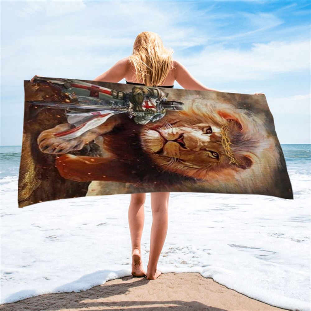 Warrior Of Christ And Lion Beach Towel, Christian Beach Towel, Beach Towel Warrior Of Christ And Lion Beach Towel, Christian Beach Towel, Beach Towel
