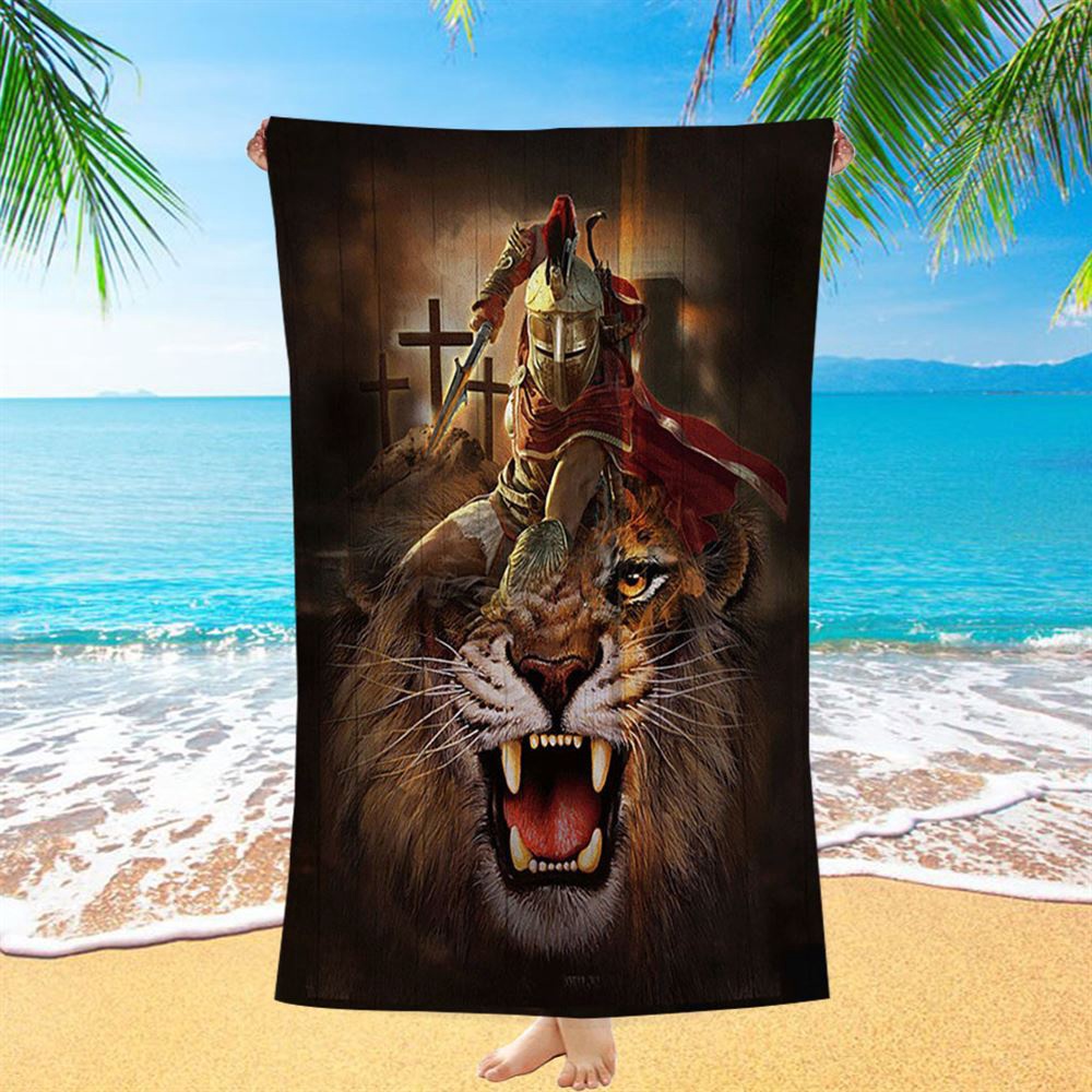 Warrior Of God Three Wooden Crosses Great Lion Of Judah Beach Towel, Christian Beach Towel, Beach Towel Warrior Of God Three Wooden Crosses Great Lion Of Judah Beach Towel, Christian Beach Towel, Beach Towel