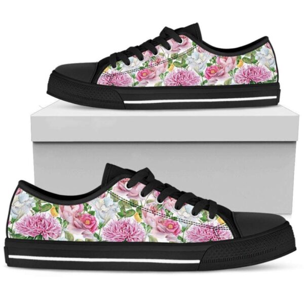 Watercolor Floral Women’s Low Top Shoes Black, Low Top Designer Shoes, Low Top Sneakers