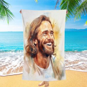 Watercolor Jesus Laughing Beach Towel, Christian Beach…