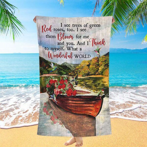 What A Wonderful World Boat Red Rose Lake Beach Towel, Christian Beach Towel, Beach Towel