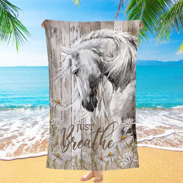 White Horse Daisy Flower Just Breathe Beach Towel, Christian Beach Towel, Beach Towel