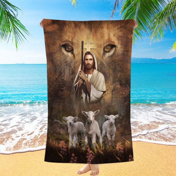 White Lamb Lion’s Eyes Walking With Jesus Beach Towel, Christian Beach Towel, Beach Towel