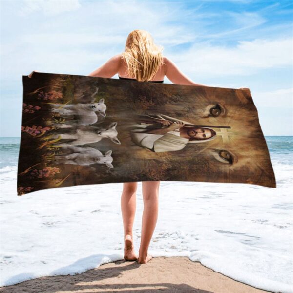 White Lamb Lion’s Eyes Walking With Jesus Beach Towel, Christian Beach Towel, Beach Towel